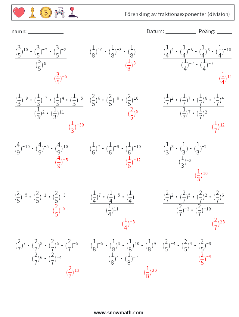 Förenkling av fraktionsexponenter (division) Matematiska arbetsblad 2 Fråga, svar