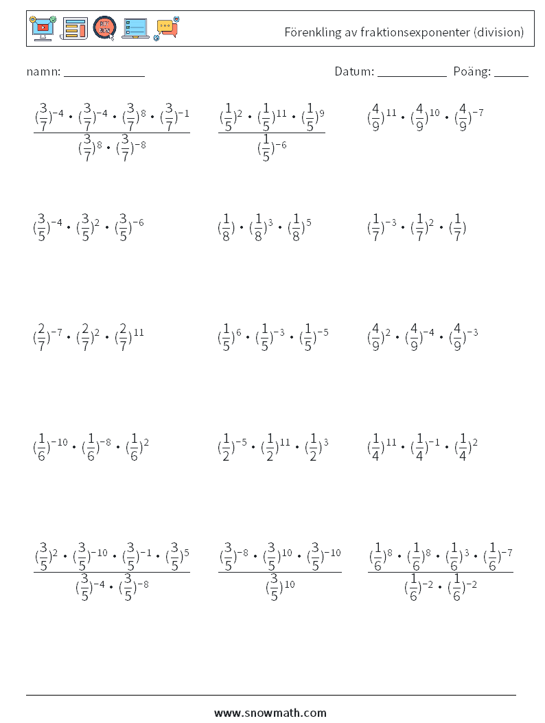 Förenkling av fraktionsexponenter (division) Matematiska arbetsblad 3