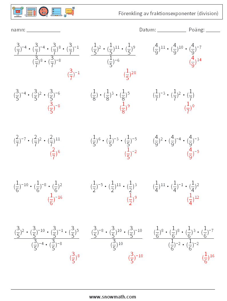 Förenkling av fraktionsexponenter (division) Matematiska arbetsblad 3 Fråga, svar