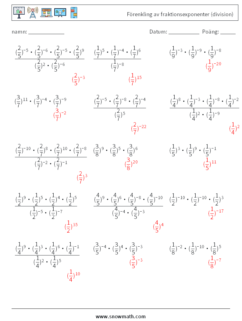 Förenkling av fraktionsexponenter (division) Matematiska arbetsblad 4 Fråga, svar