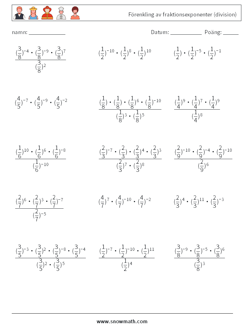 Förenkling av fraktionsexponenter (division) Matematiska arbetsblad 5