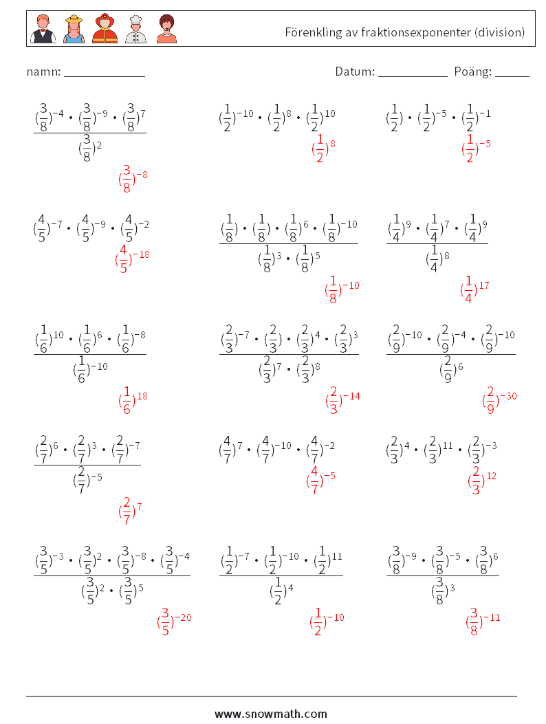 Förenkling av fraktionsexponenter (division) Matematiska arbetsblad 5 Fråga, svar