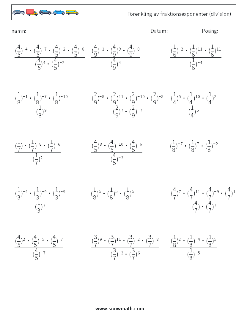 Förenkling av fraktionsexponenter (division) Matematiska arbetsblad 6