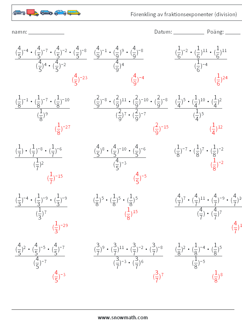 Förenkling av fraktionsexponenter (division) Matematiska arbetsblad 6 Fråga, svar