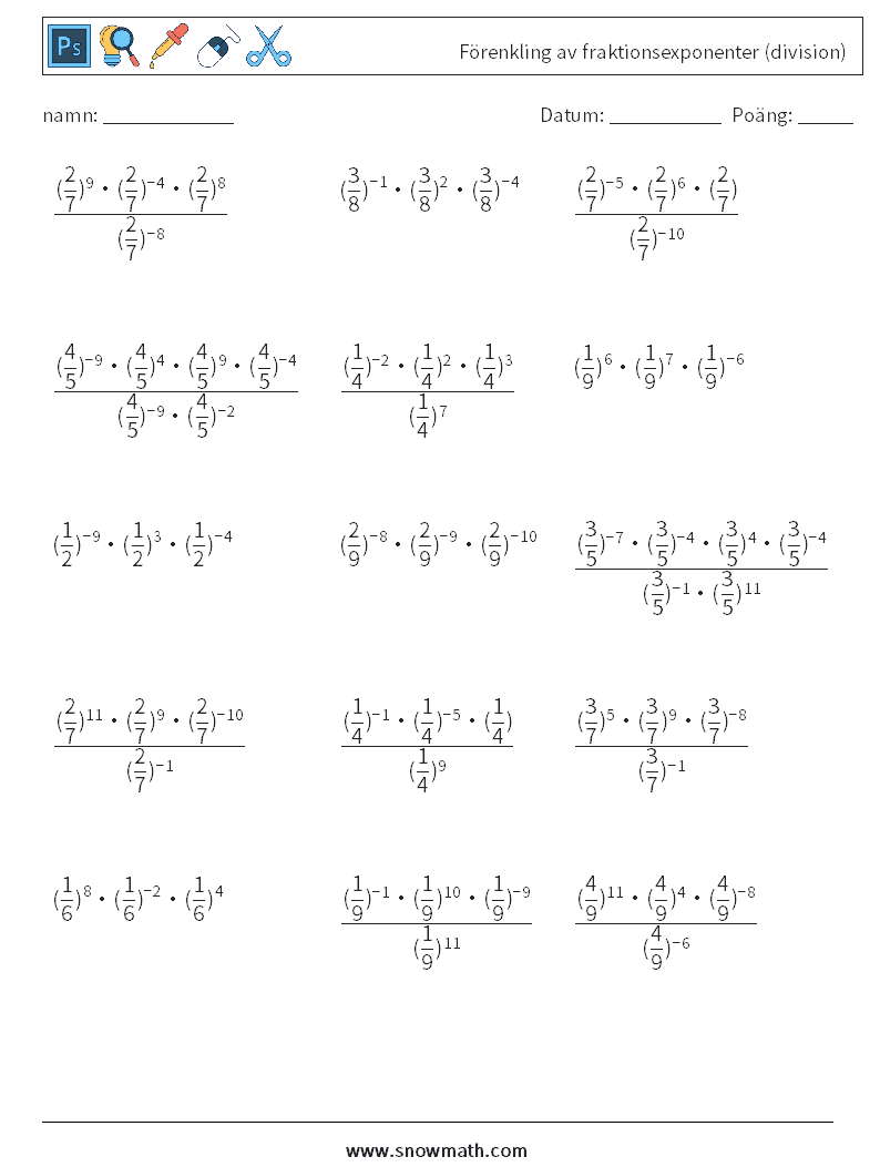 Förenkling av fraktionsexponenter (division) Matematiska arbetsblad 7