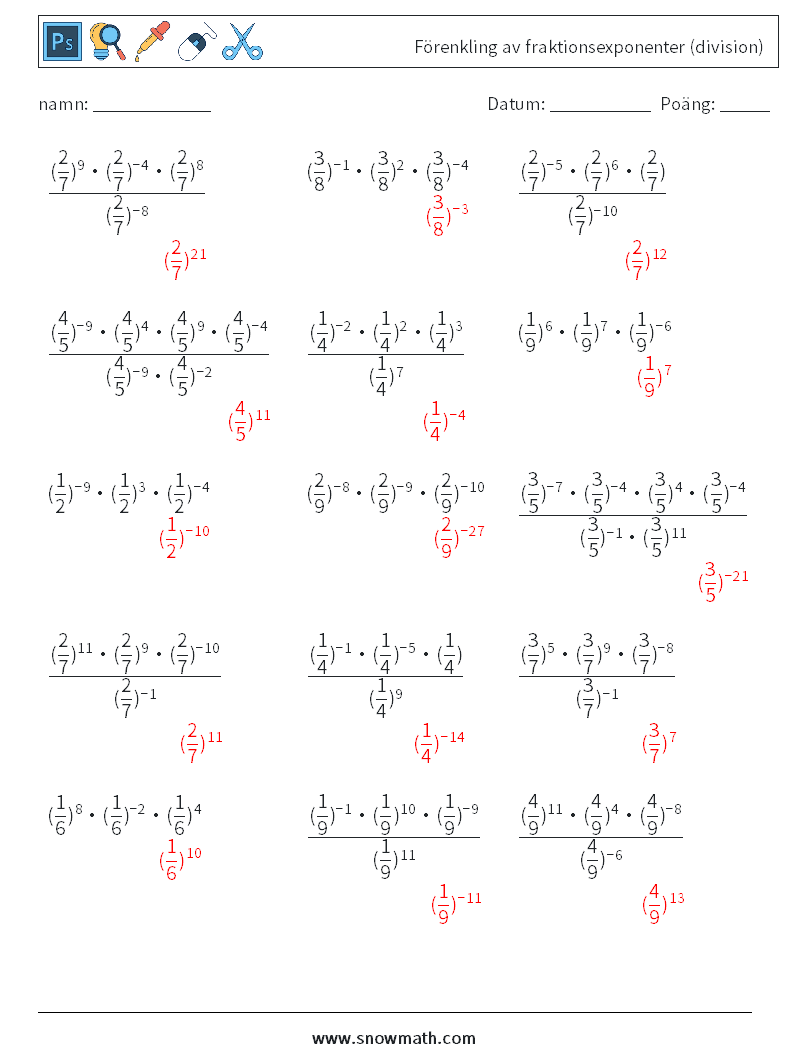 Förenkling av fraktionsexponenter (division) Matematiska arbetsblad 7 Fråga, svar