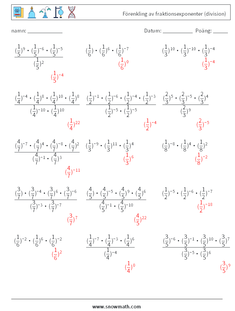 Förenkling av fraktionsexponenter (division) Matematiska arbetsblad 8 Fråga, svar