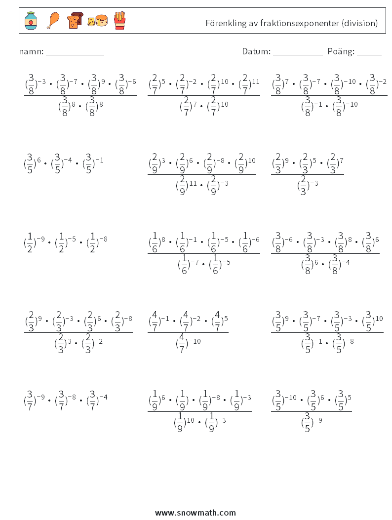 Förenkling av fraktionsexponenter (division) Matematiska arbetsblad 9