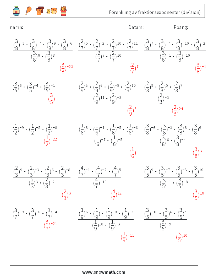 Förenkling av fraktionsexponenter (division) Matematiska arbetsblad 9 Fråga, svar