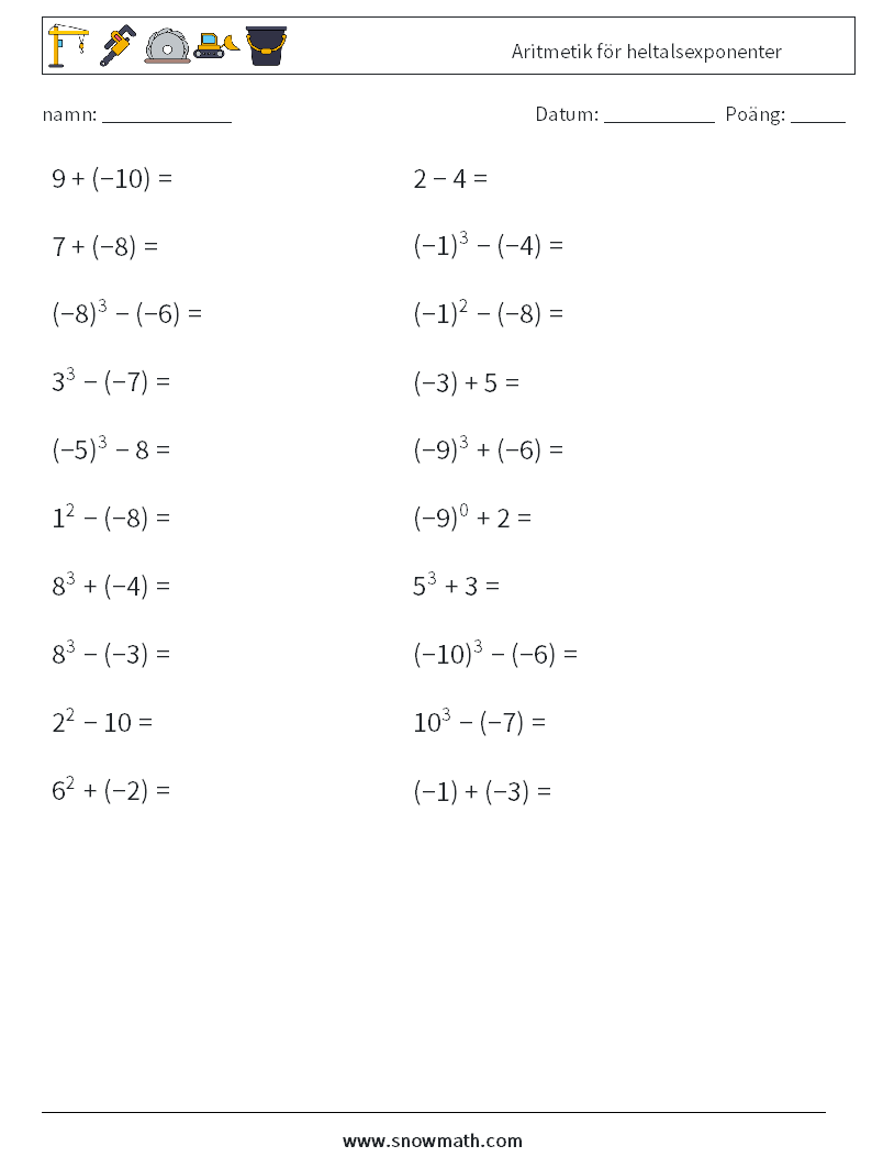 Aritmetik för heltalsexponenter Matematiska arbetsblad 2