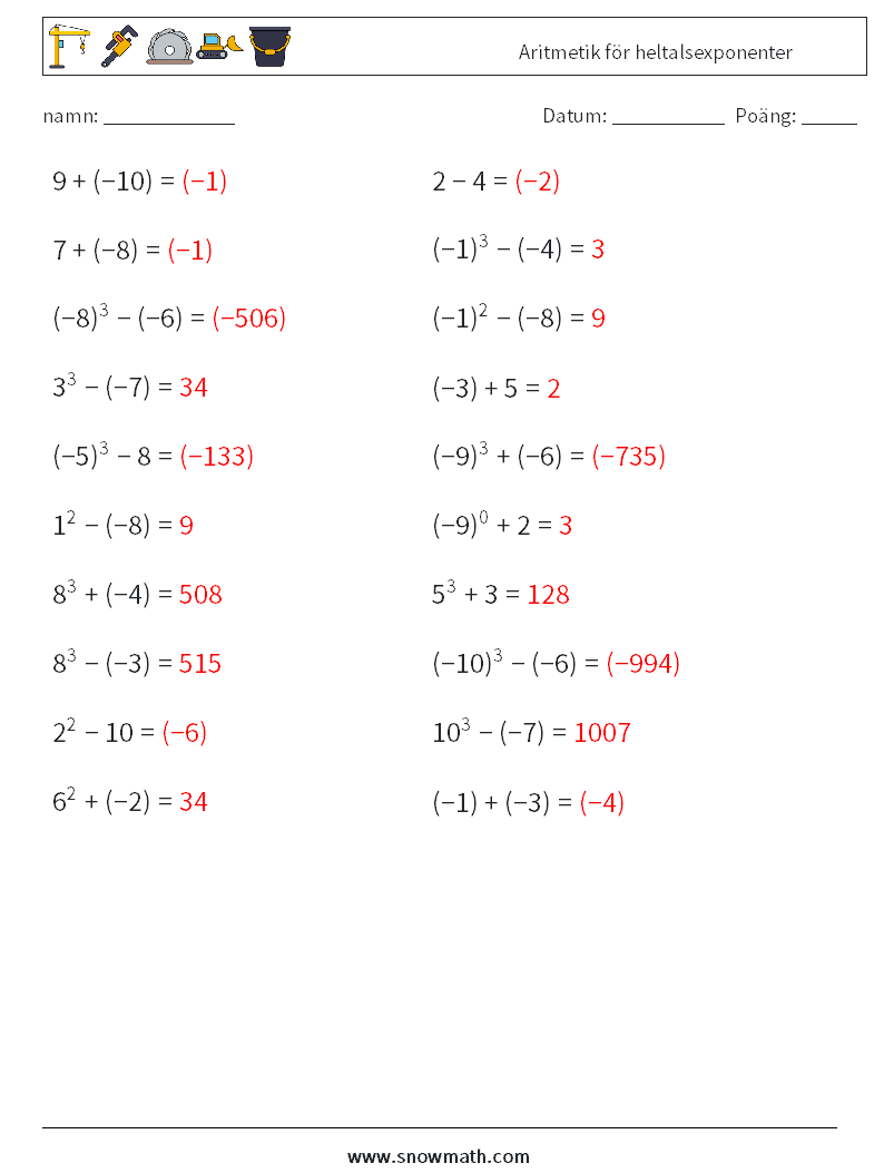 Aritmetik för heltalsexponenter Matematiska arbetsblad 2 Fråga, svar