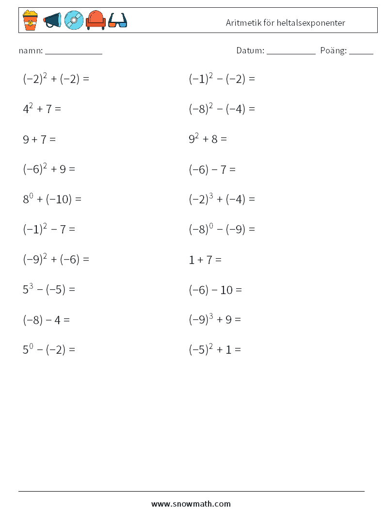 Aritmetik för heltalsexponenter Matematiska arbetsblad 3