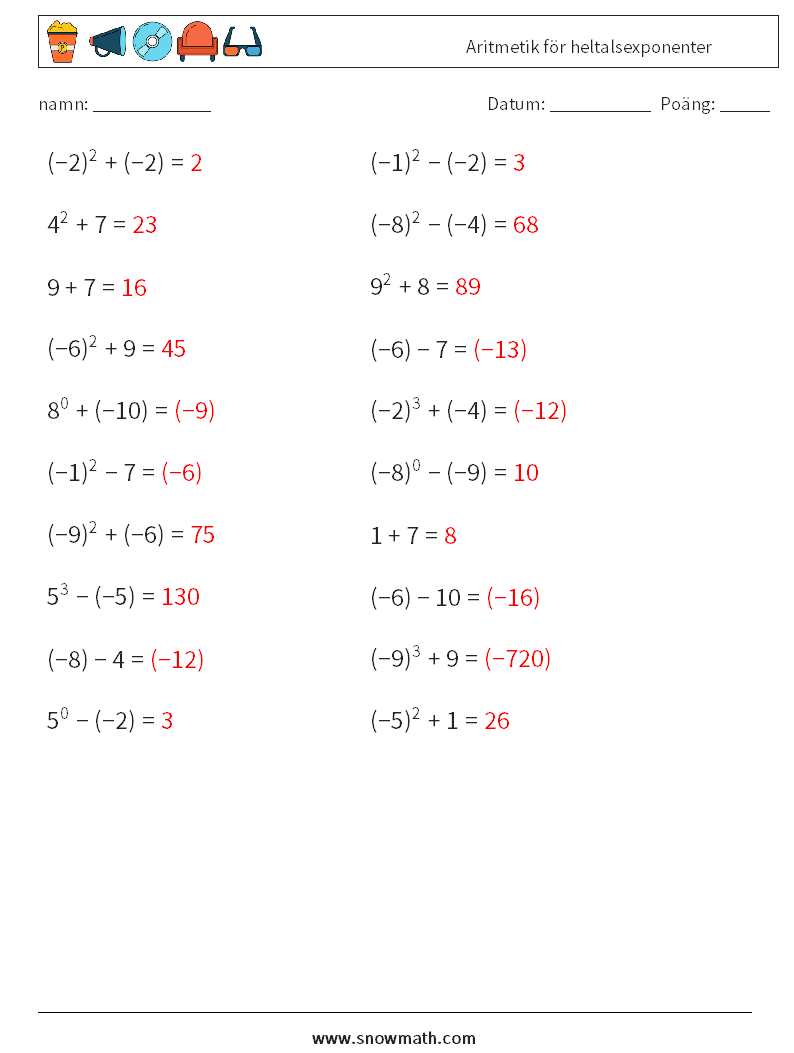 Aritmetik för heltalsexponenter Matematiska arbetsblad 3 Fråga, svar