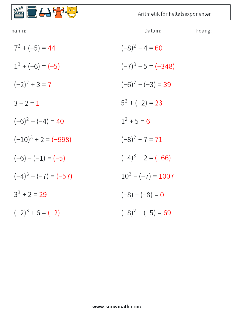 Aritmetik för heltalsexponenter Matematiska arbetsblad 4 Fråga, svar