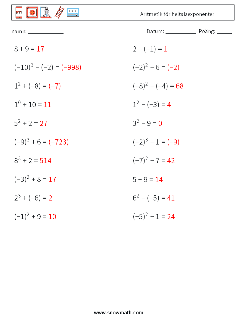 Aritmetik för heltalsexponenter Matematiska arbetsblad 5 Fråga, svar