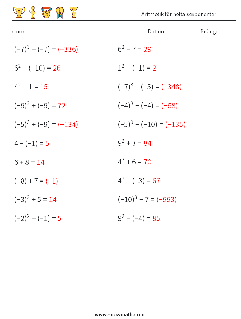 Aritmetik för heltalsexponenter Matematiska arbetsblad 6 Fråga, svar