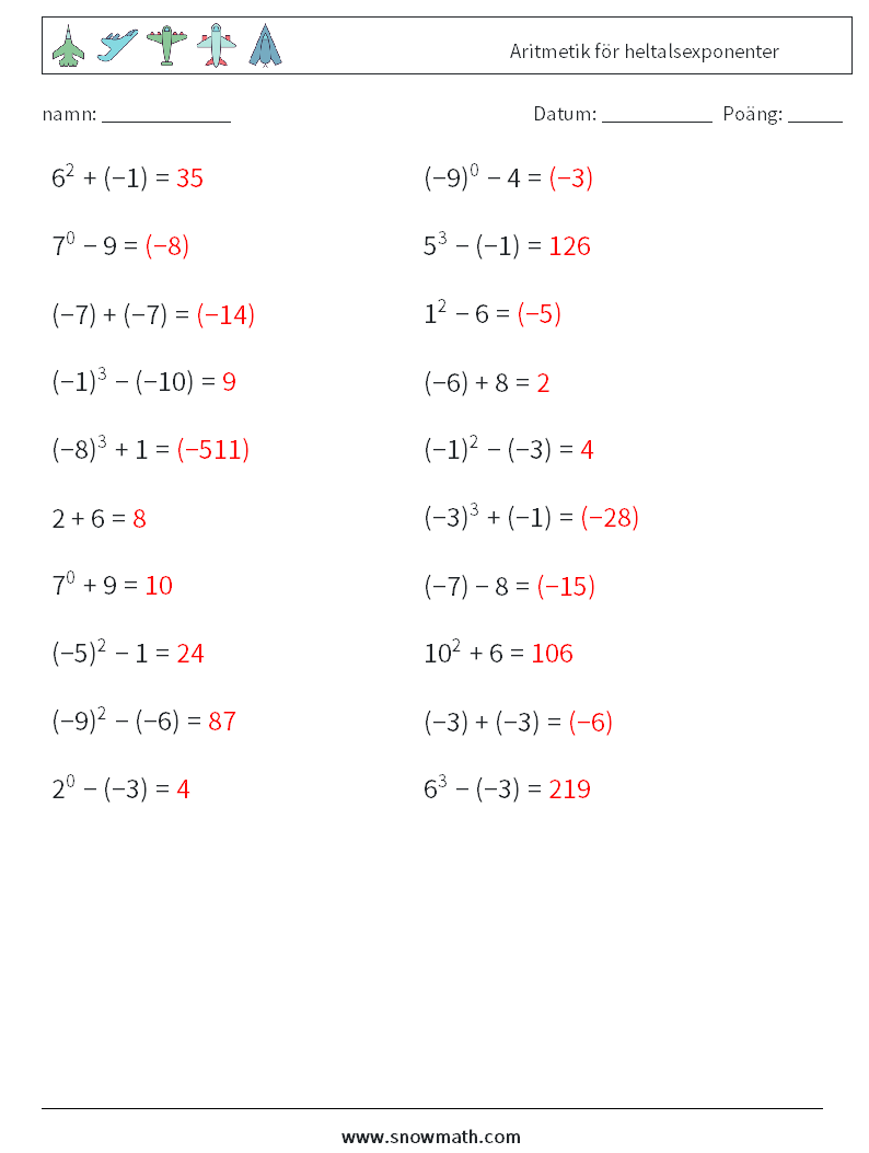 Aritmetik för heltalsexponenter Matematiska arbetsblad 7 Fråga, svar