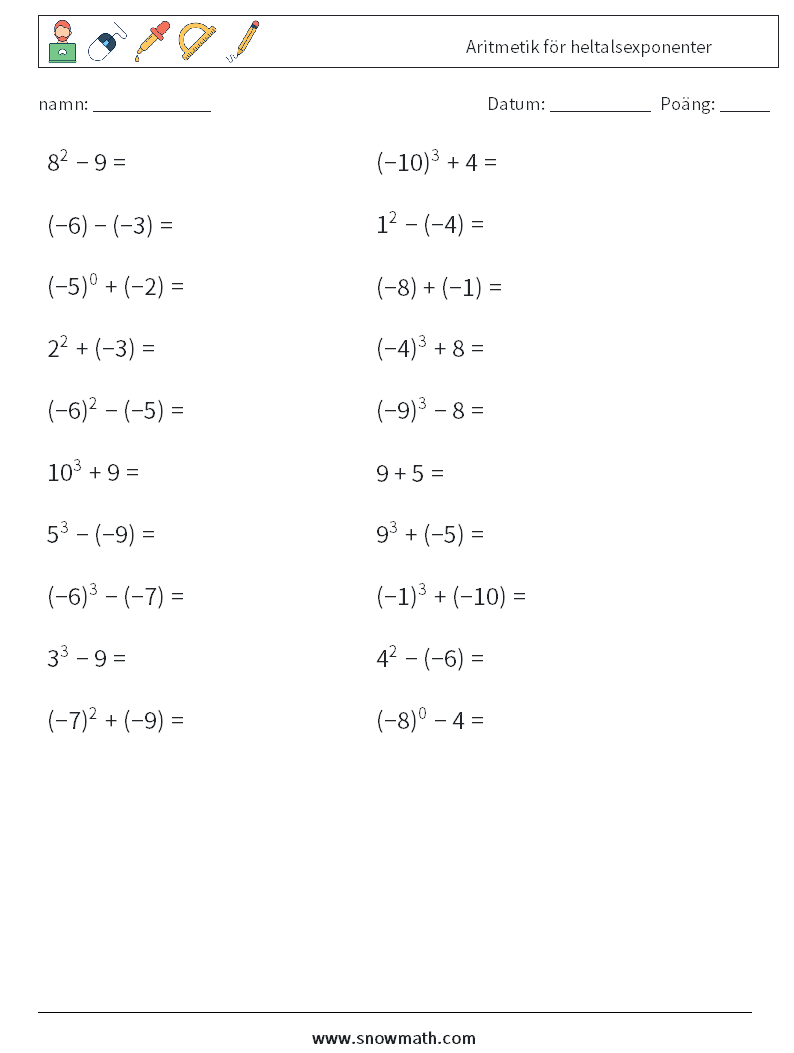 Aritmetik för heltalsexponenter Matematiska arbetsblad 9