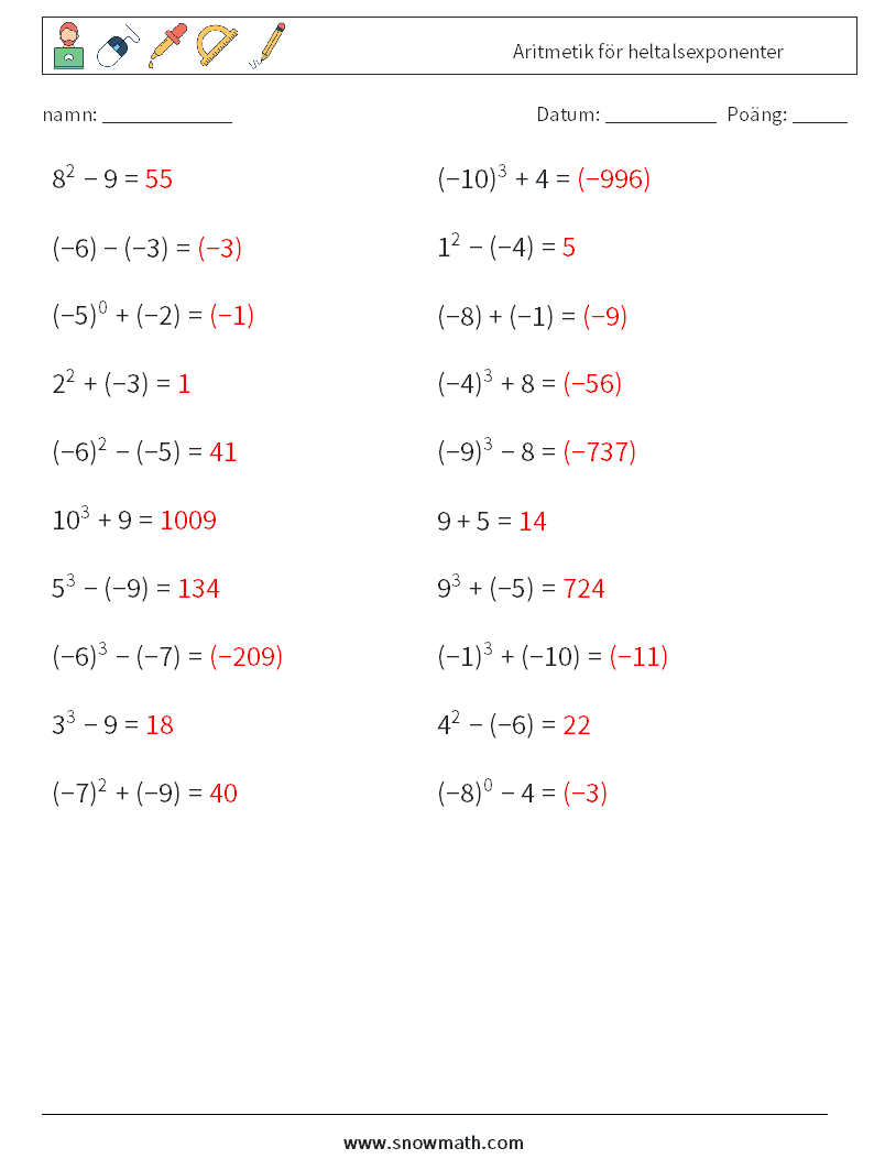 Aritmetik för heltalsexponenter Matematiska arbetsblad 9 Fråga, svar