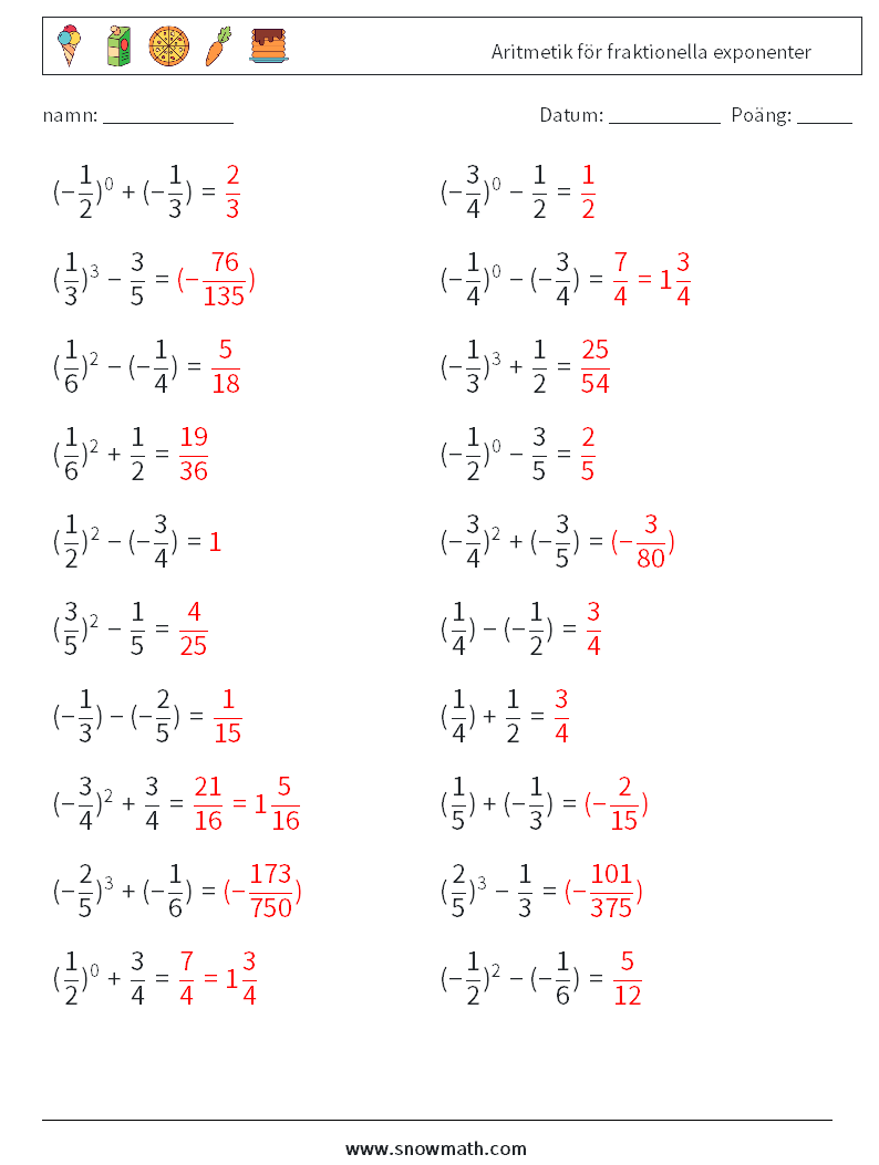 Aritmetik för fraktionella exponenter Matematiska arbetsblad 9 Fråga, svar