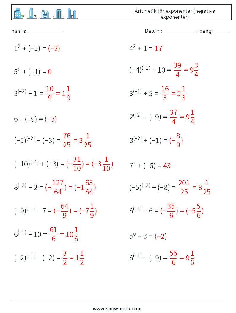  Aritmetik för exponenter (negativa exponenter) Matematiska arbetsblad 4 Fråga, svar