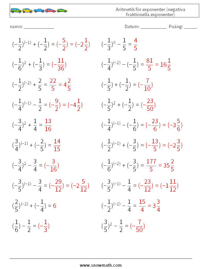  Aritmetik för exponenter (negativa fraktionella exponenter) Matematiska arbetsblad 1 Fråga, svar