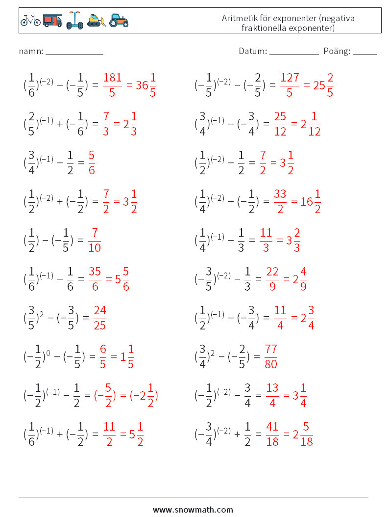  Aritmetik för exponenter (negativa fraktionella exponenter) Matematiska arbetsblad 3 Fråga, svar