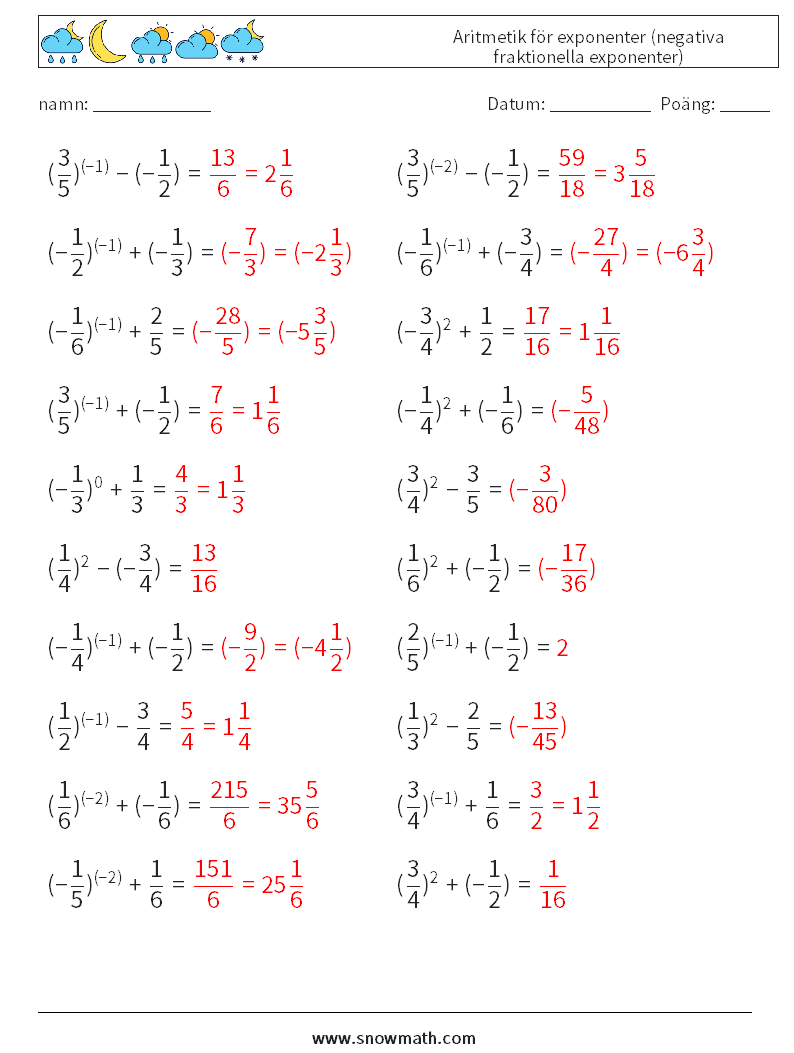  Aritmetik för exponenter (negativa fraktionella exponenter) Matematiska arbetsblad 4 Fråga, svar