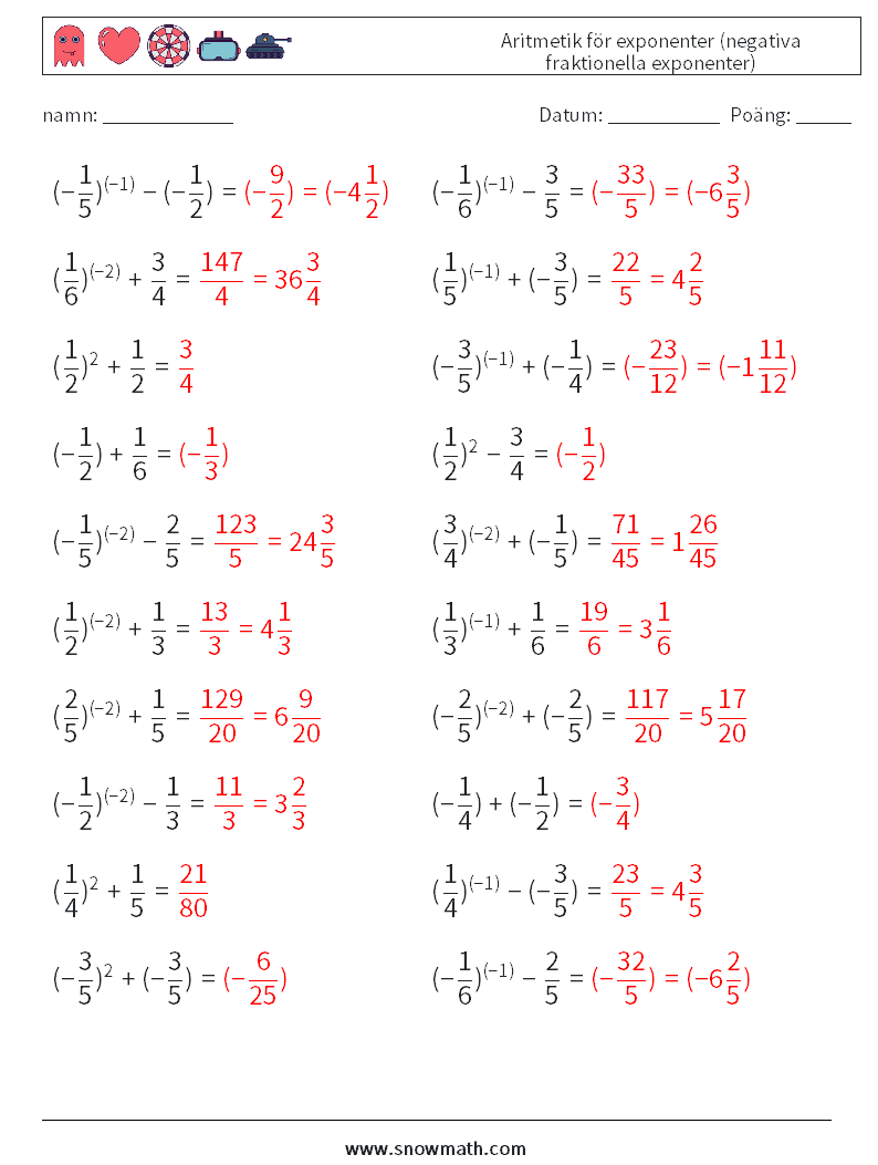  Aritmetik för exponenter (negativa fraktionella exponenter) Matematiska arbetsblad 5 Fråga, svar