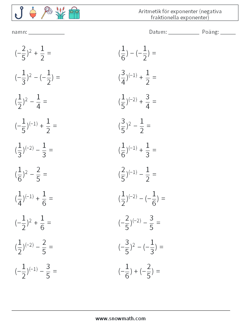  Aritmetik för exponenter (negativa fraktionella exponenter) Matematiska arbetsblad 6