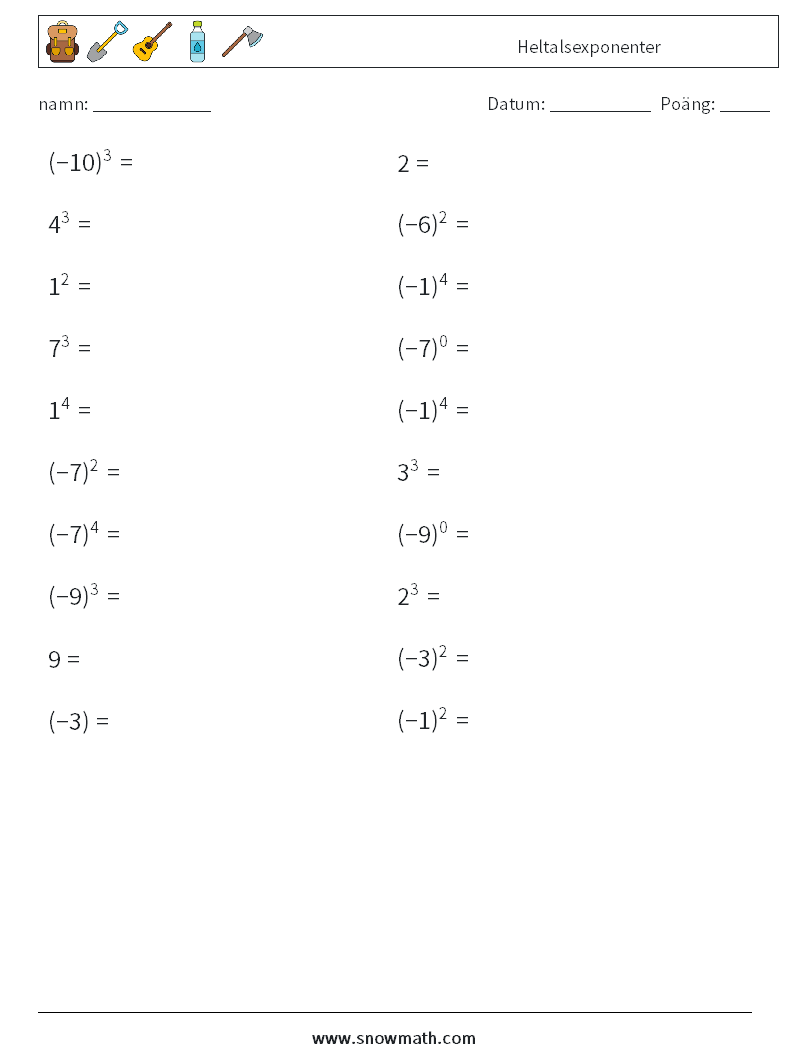 Heltalsexponenter Matematiska arbetsblad 1