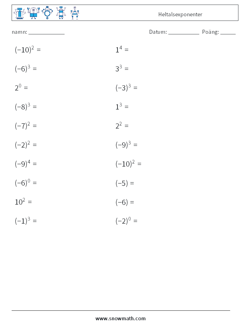 Heltalsexponenter Matematiska arbetsblad 4