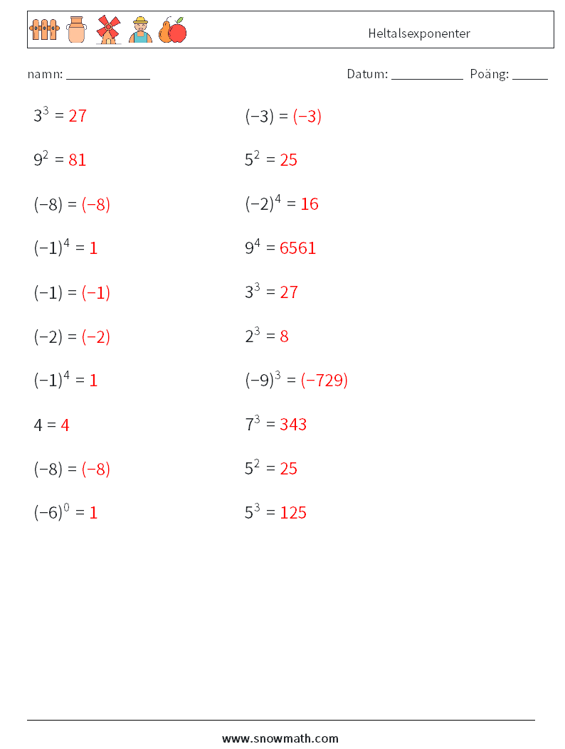 Heltalsexponenter Matematiska arbetsblad 5 Fråga, svar