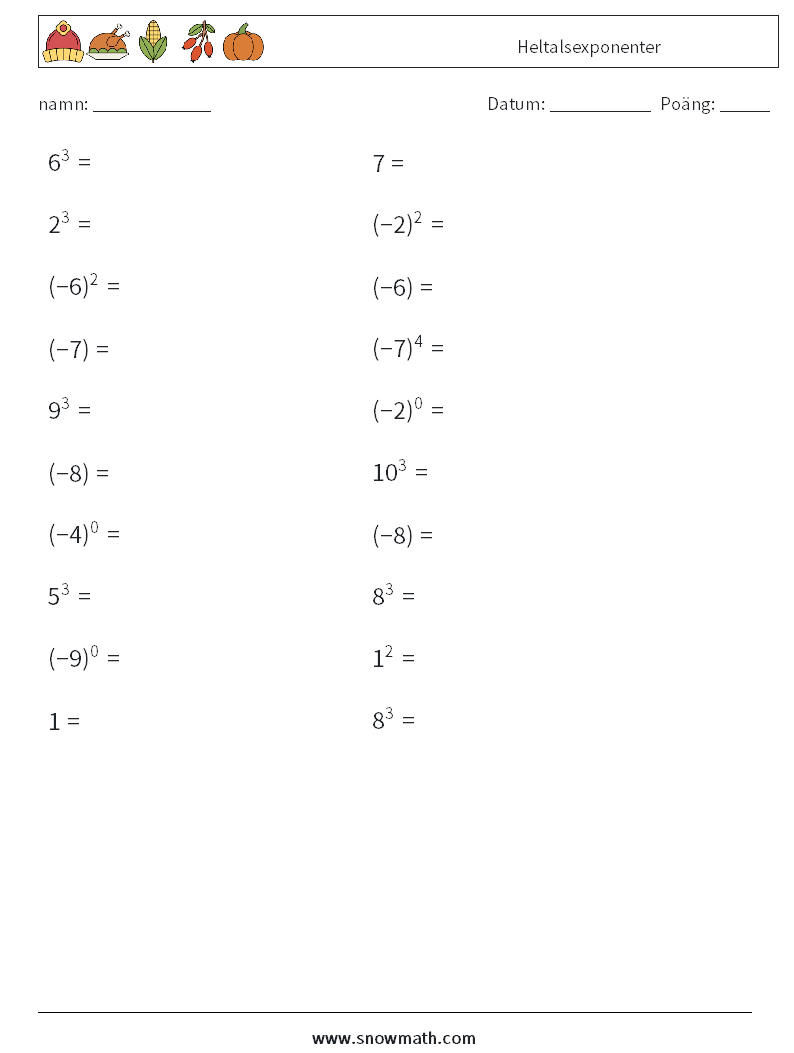 Heltalsexponenter Matematiska arbetsblad 7