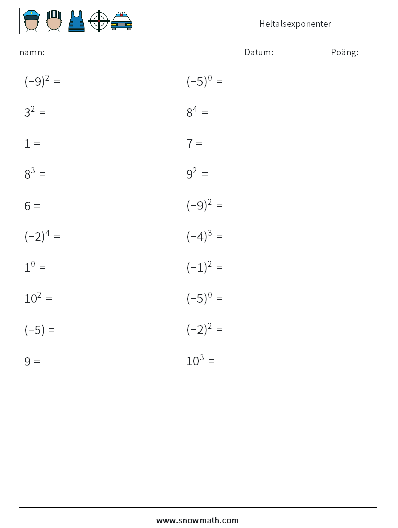 Heltalsexponenter Matematiska arbetsblad 9