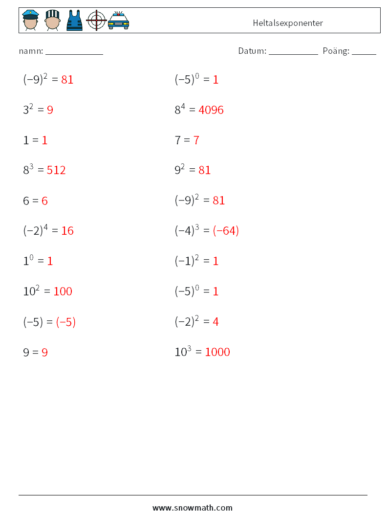 Heltalsexponenter Matematiska arbetsblad 9 Fråga, svar