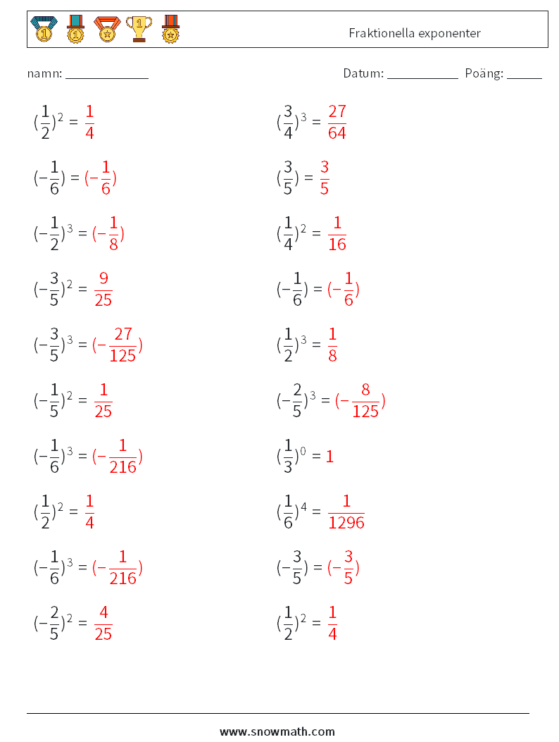 Fraktionella exponenter Matematiska arbetsblad 2 Fråga, svar