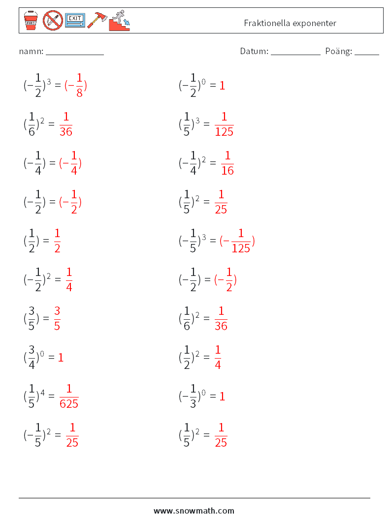 Fraktionella exponenter Matematiska arbetsblad 5 Fråga, svar