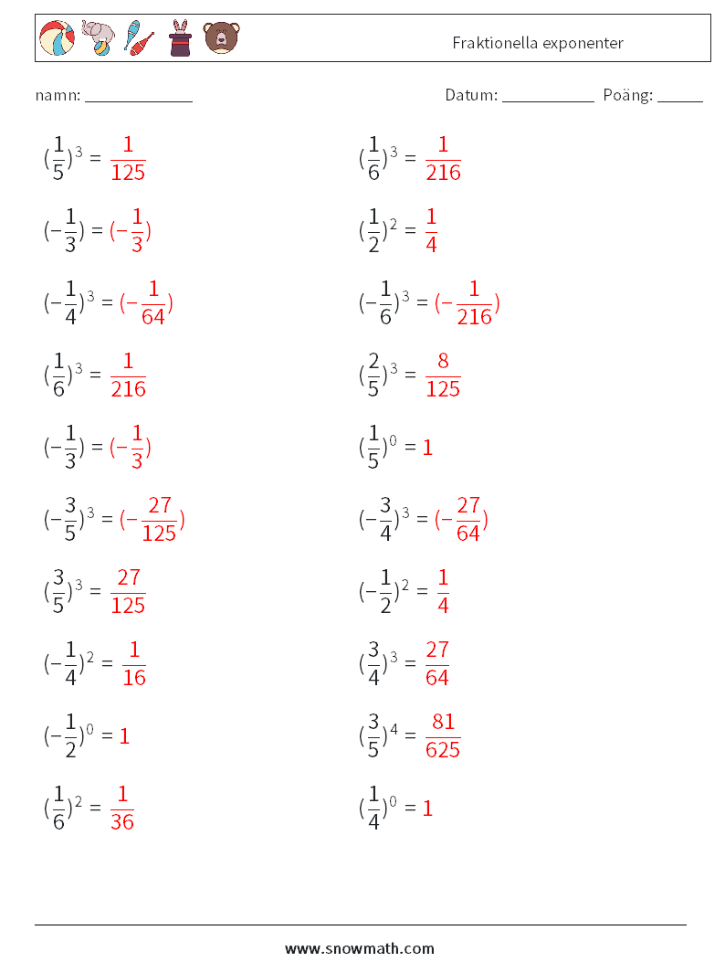 Fraktionella exponenter Matematiska arbetsblad 7 Fråga, svar