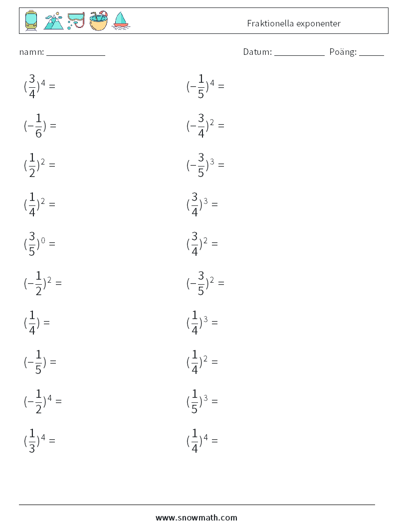 Fraktionella exponenter Matematiska arbetsblad 8