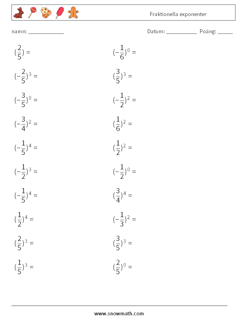 Fraktionella exponenter Matematiska arbetsblad 9