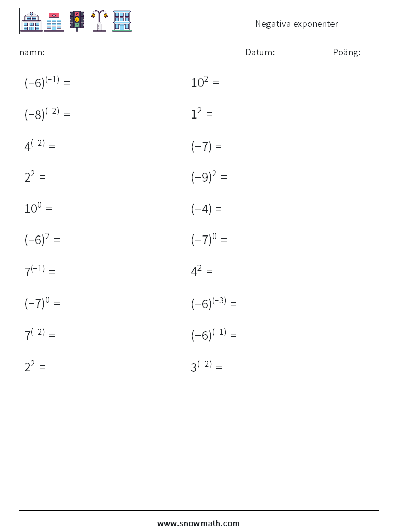  Negativa exponenter Matematiska arbetsblad 1