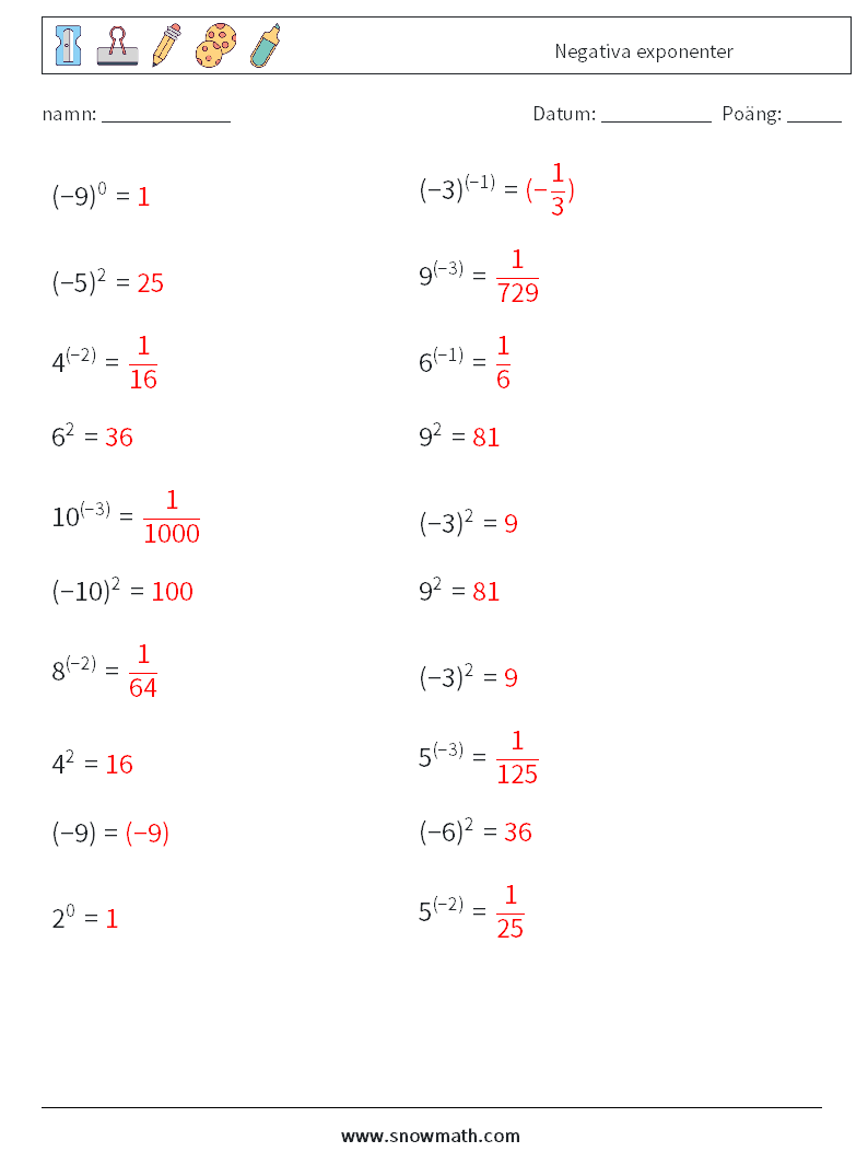  Negativa exponenter Matematiska arbetsblad 3 Fråga, svar