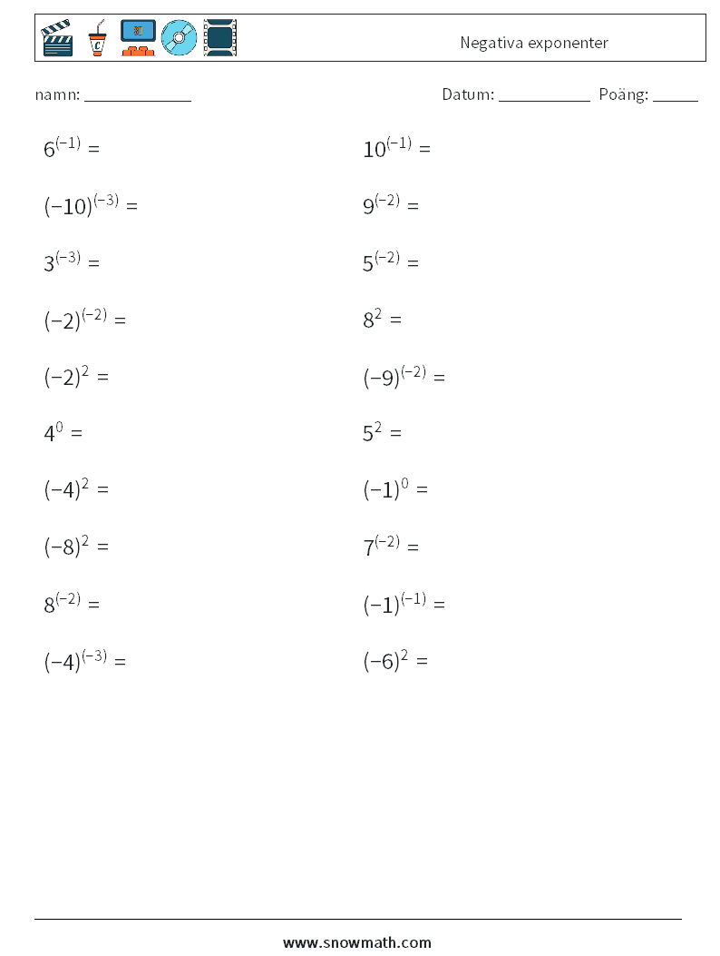  Negativa exponenter Matematiska arbetsblad 5