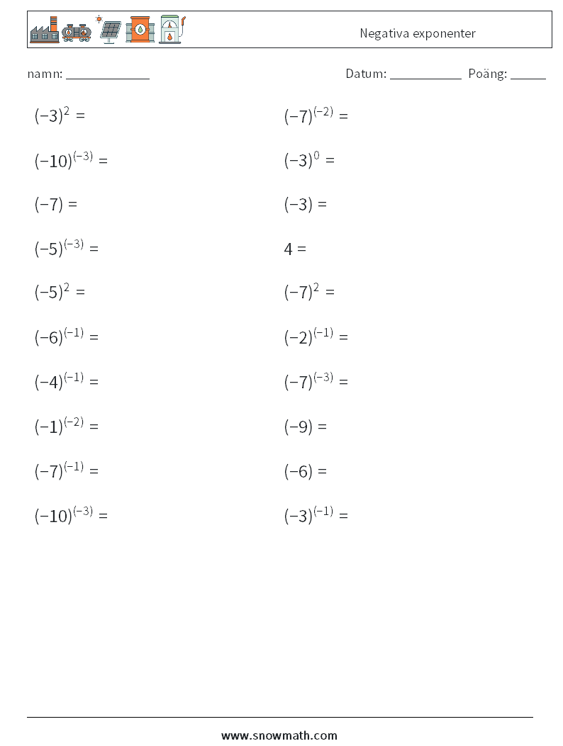  Negativa exponenter Matematiska arbetsblad 6