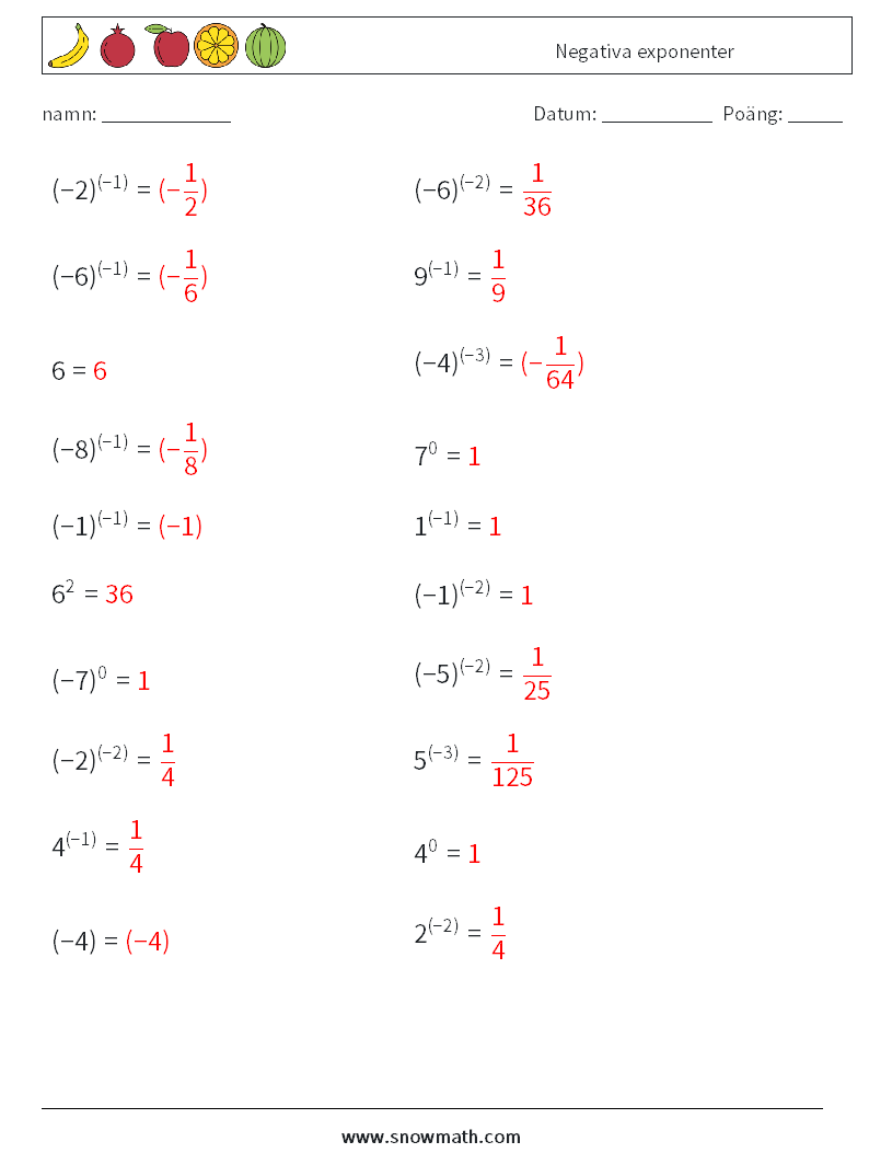  Negativa exponenter Matematiska arbetsblad 7 Fråga, svar