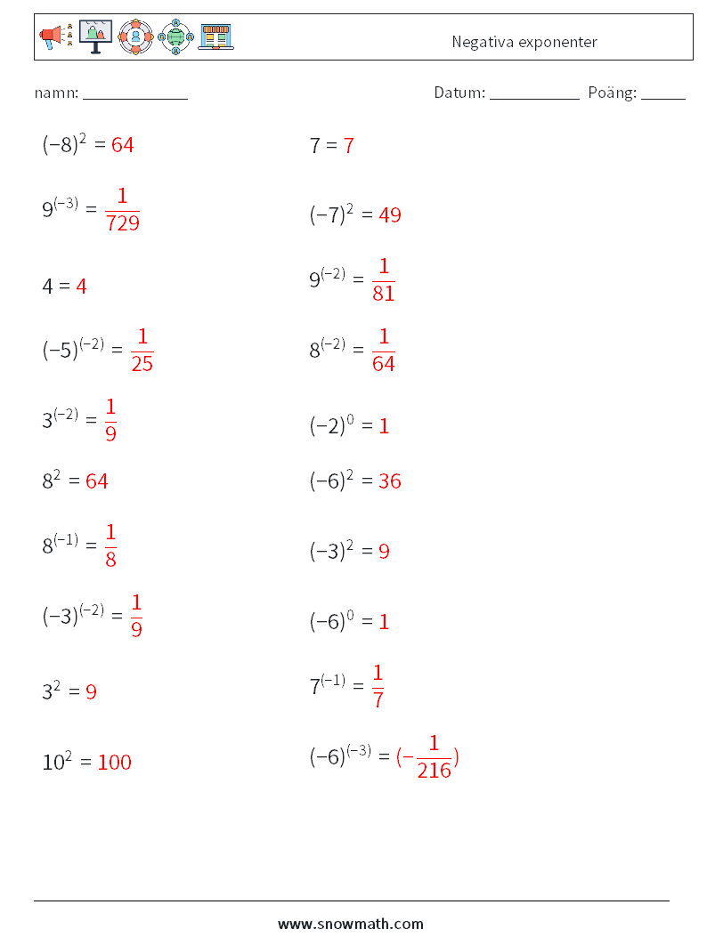  Negativa exponenter Matematiska arbetsblad 9 Fråga, svar