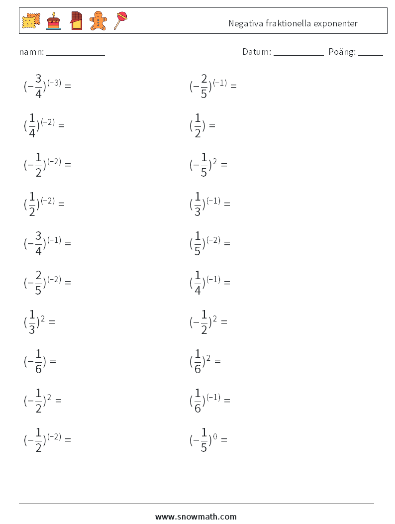 Negativa fraktionella exponenter Matematiska arbetsblad 1