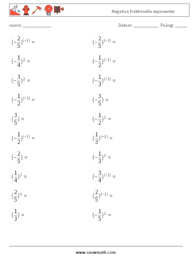 Negativa fraktionella exponenter Matematiska arbetsblad 3