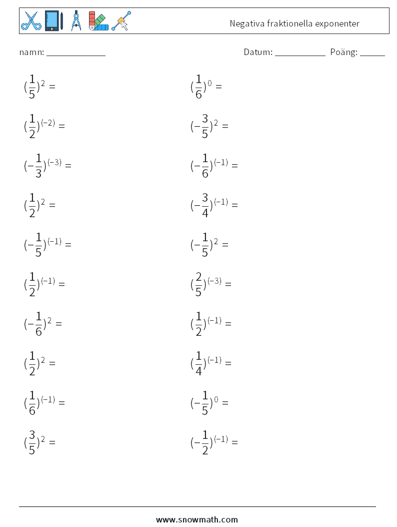 Negativa fraktionella exponenter Matematiska arbetsblad 4